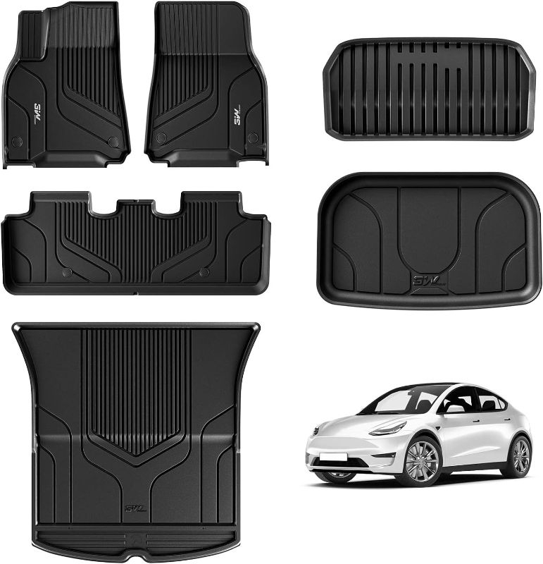 Photo 1 of 3W Tesla Model Y Floor Mats, All-Weather TPE Floor Liner Compatible for Tesla Model Y 2020-2023, Full Set Black Floor Mats and Cargo Liner Mat Accseeories Custom Fit for Tesla 5-Seater