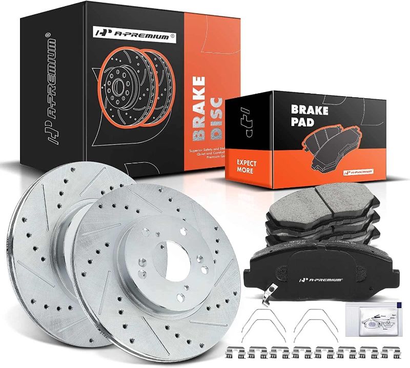 Photo 1 of A-Premium 11.10 in (282mm) Front Drilled and Slotted Disc Brake Rotors + Ceramic Pads Kit Compatible with Honda and Acura Models - Accord 03-12/14-17, Civic 13-18, CR-V 02-04, Element 03-11, ILX 14-15
