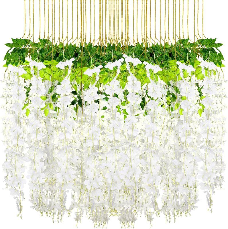 Photo 1 of 108 Pack 43.2 in/ 3.6 ft Artificial Fake Wisteria Hanging Flowers Wisteria Faux Flowers Garland Silk Wisteria Vine Rattan Long Hanging Flowers String for Home Outdoor Wedding Party (Milky)
