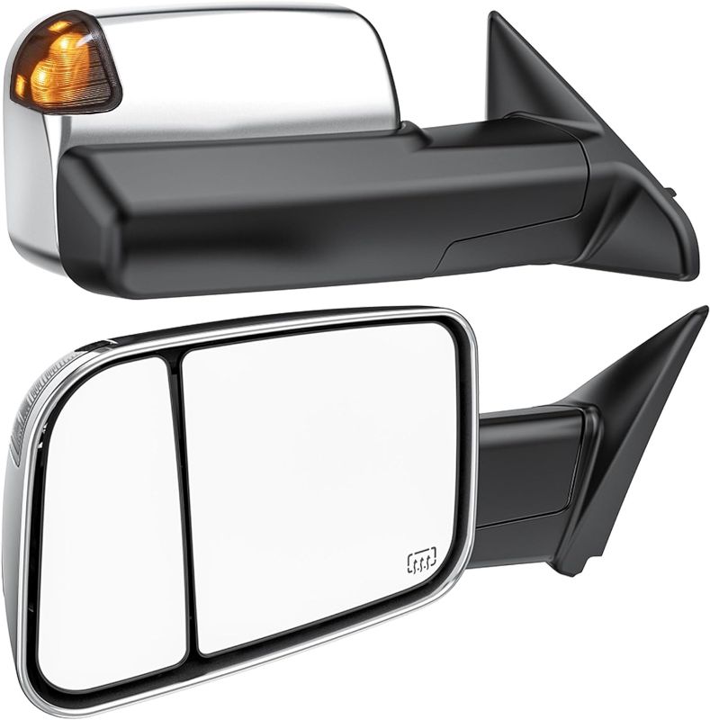 Photo 1 of **FOR PARTS ONLY, ONE MIRROR BROKEN** Smoked Power Heated Tow Mirrors Compatible with Dodge Ram 1500 2002-2008, 2500 3500 2003-2009, Flip Up Extended Trailer Towing Side Mirrors, Chrome Housing