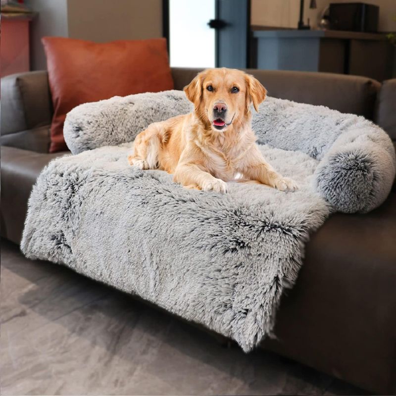 Photo 1 of  Waterproof Calming Dog Bed, Pet Couch Protector Plush Dog Mat Dog Sofa, Pet Furniture Cover with Soft Neck Bolster, Machine Washable Silver Gray Small
