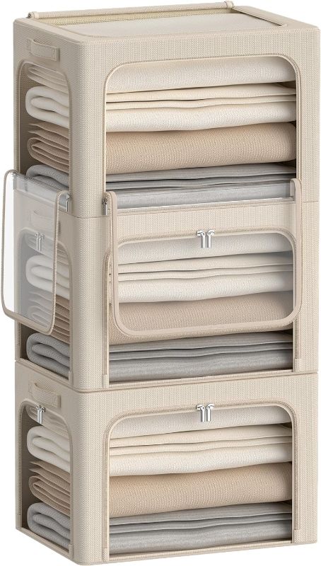 Photo 1 of 3Pack Clothes Storage Bins - Oxford Frame Storage Box Foldable Stackable Storage Organizer with 3 Openings Design, Metal Frame, Clear Window, Carry Handles (66L-19.7 * 15.7 * 13, Beige)