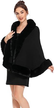 Photo 1 of ZLYC Women Winter Faux Fur Shawl Stole Warm Wrap Cape Black