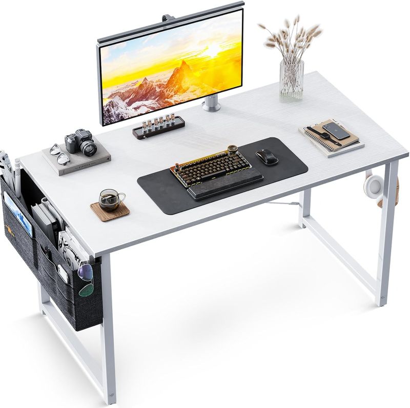 Photo 1 of ODK Study Computer Desk 40 inch Home Office Writing Small Desk, Modern Simple Style PC Table with Storage Bag and Headphone Hook, White + White Leg
