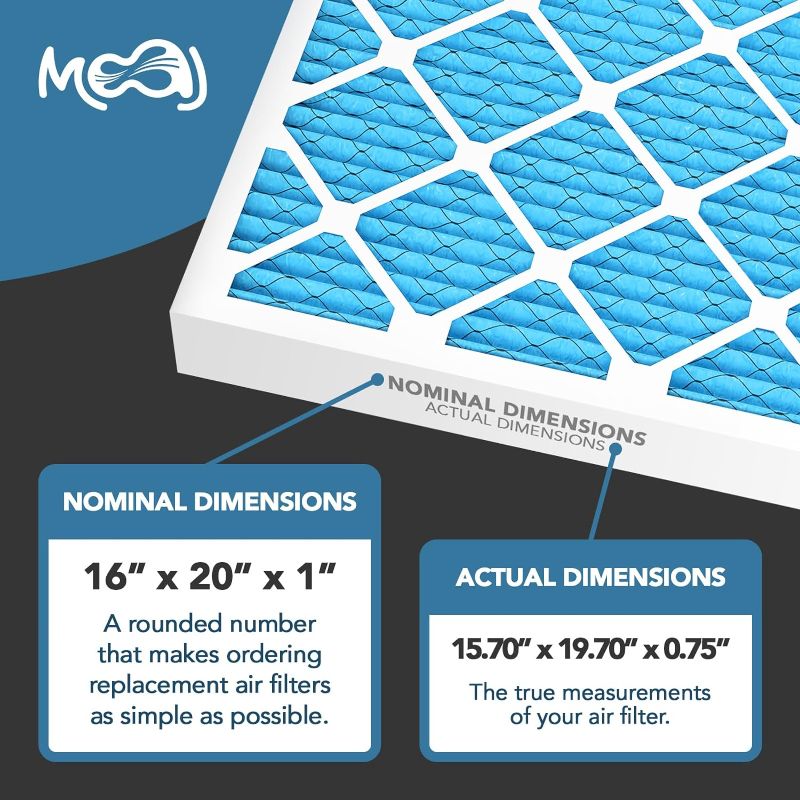 Photo 1 of 16x20x1 Air Filter (6-PACK) | MERV 11 | MOAJ Premium Allergen Defense | BASED IN USA | Pleated Replacement Air Filters for AC & Furnace Applications | Actual Dimensions: 15.70” x 19.70” x 0.75” (in.)
