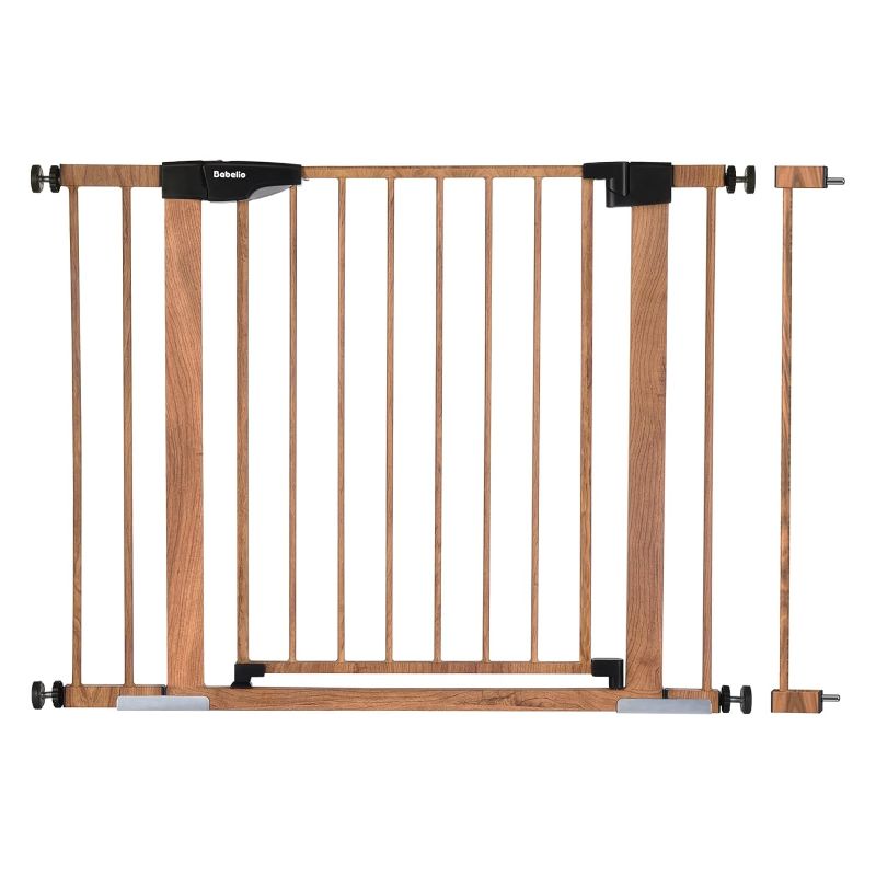 Photo 1 of Babelio Metal Baby Gate with Wood Pattern, 29-43" Easy Install Pressure Mounted Dog Gate, No Drilling, No Tools Required, Ideal for Stairs and Doorways, with Wall Protectors and Extenders