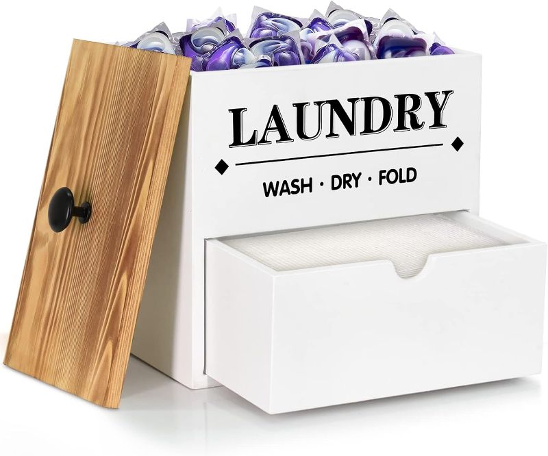 Photo 1 of Dryer Sheet Holder with Drawer and Lid, Wood Dryer Sheet Dispenser and Laundry Pods Container for Laundry Room Organization and Storage, Laundry Pod Holder Wall Mount for Laundry Room Decor (White)