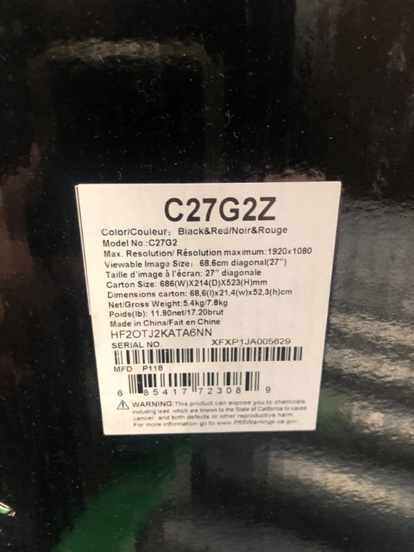 Photo 3 of **Used/Like New**AOC C27G2Z 27" Curved Frameless Ultra-Fast Gaming Monitor, FHD 1080p, 0.5ms 240Hz, FreeSync, HDMI/DP/VGA, Height Adjustable, 3-Year Zero Dead Pixel Guarantee, Black, 27" FHD Curved 27 in FHD Curved 240Hz 0.5ms