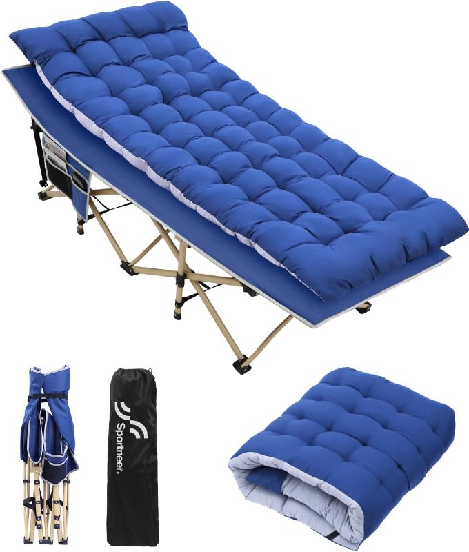 Photo 1 of **New Open**Sportneer Portable Camping Cot with Mattress, Folding Sleeping Cots for Adults Max Load 450 LBS Heavy Duty Fold Up Camp Bed with Padded for Camping Tent Office Outdoor Travel Blue+blue