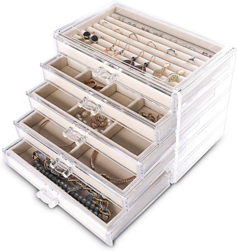 Photo 1 of Frebeauty Extra Large Acrylic Jewelry Box for Women Girls 5 Layers Clear Velvet Earring Organizer with 5 Drawers Rings Display Case Necklaces Holder Tray (Beige