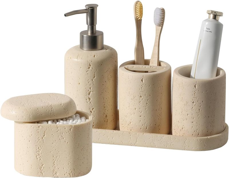 Photo 1 of Bathroom Accessories Sets, Haocoott 5 PCS Travertine Stone Modern Bathroom Accessory Set with Lotion Soap Dispenser, Toothbrush Holder, Vanity Tray, Tumbler, Cotton Swab Jars