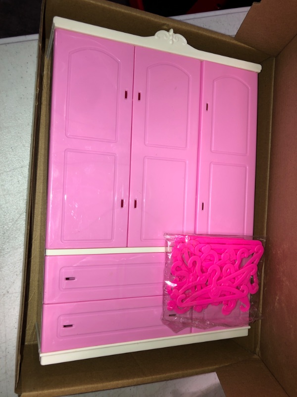 Photo 3 of Doll Closet Furniture Wardrobe Clothing Organizer Doll Open Wardrobe Dollhouse Closet with 20 Pieces Doll Hangers 2 Style Pink Plastic Hangers Dollhouse Furniture Accessories (Classic Style)