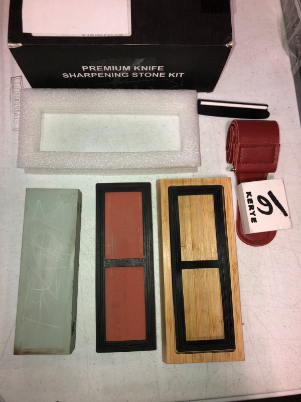 Photo 2 of Knife Sharpening Stone Kit, KERYE Professional Japanese Whetstone Sharpener Stone Set, Premium 4 Side Grit 400/1000 3000/8000 Water Stone, Flattening Stone, Angle Guide, Leather Strop, Anti Cut Gloves