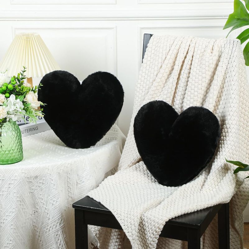 Photo 1 of  2 Pcs Fluffy Heart Pillow Heart Shaped Pillow Plush Cute Heart Shaped Throw Cushion Stuffed Heart Decorative Pillow Toy Throw Pillow Gift for Valentines Day Decor(Black)