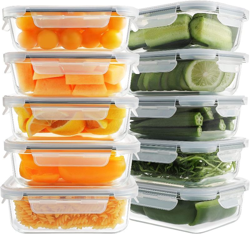 Photo 1 of 10 Pack Glass Meal Prep Containers, Food Storage Containers with Lids, Airtight Lunch Bento Boxes, BPA-Free & Leak Proof (10 lids & 10 Containers) - Grey