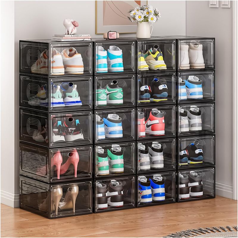 Photo 1 of 10 Pack Thicken Shoe Organizer Stackable,Upgraded Sturdy Shoe Storage Box with Magnetic Door,Shoe Containers For Sneaker Display,Hat Organizer,Black