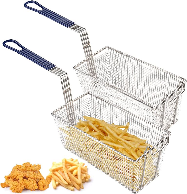 Photo 1 of 2PCS Deep Fryer Basket with Front Hooks Non-Slip Handle, 13.2"x 6.5"x 5.9" Basket and 11.2" Long Handle Deep Fried Drain Basket for Floor Fryer, One-Piece Construction