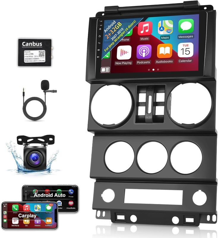 Photo 1 of for Jeep Wrangler (4 Doors) 2007 2008 2009 2010 with Wireless Apple Carplay and Android Auto, 2+32G 9 Inch Touchscreen Android Car Radio, DSP/GPS/WiFi + AHD Backup Camera and Mic