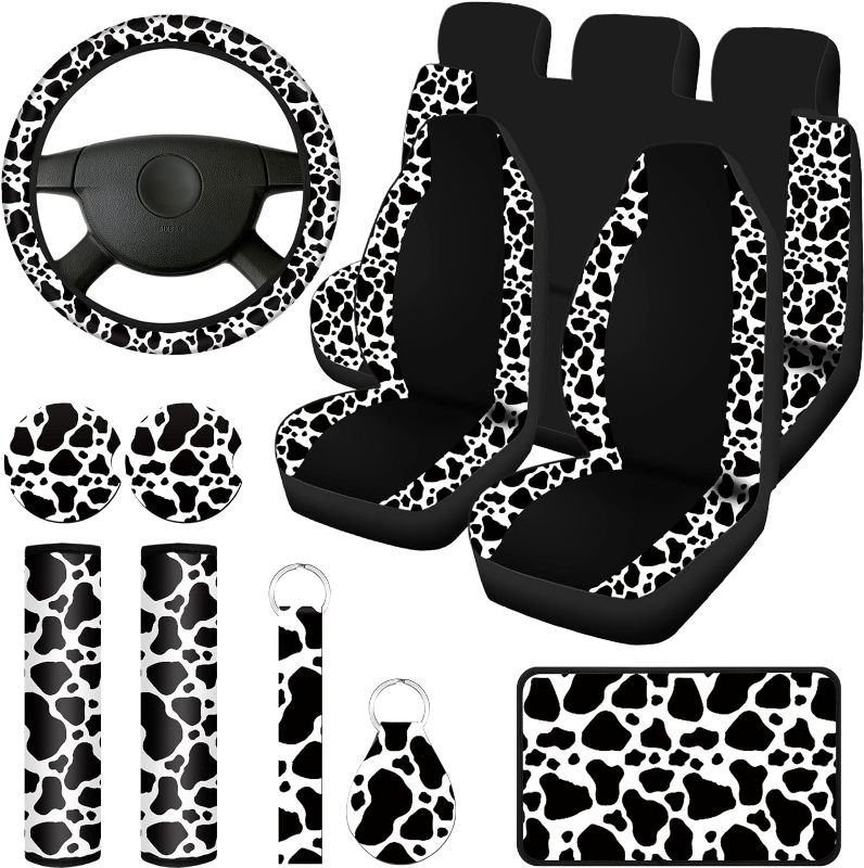 Photo 1 of Cow Print Car Seat Covers Full Set for Women Men Cow Print Car Accessories Set Rubber Steering Wheel Cover Car Armrest Pad Cover Seat Belt Pads Wrist Holder Keychain(Classic Style, Rubber)