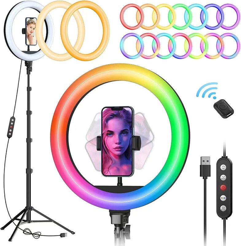 Photo 1 of 12" RGB Ring Light with 63" Tripod Stand, LED Ring Light with Phone Holder and Remote, 3 CCT Mode & 39 Color Modes Selfie Ring Light for Photography/Makeup/Live Stream/YouTube