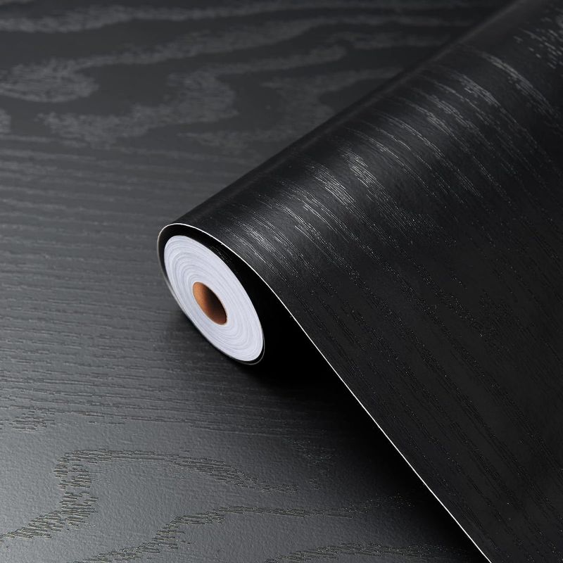 Photo 1 of 24" X 197" Black Wood Wallpaper Peel and Stick Paper Wood Contact Paper Black Wood Self-Adhesive & Removable Wallpaper for Cabinets Countertop Furniture Kitchen Wall, Realistic Wood Sensation