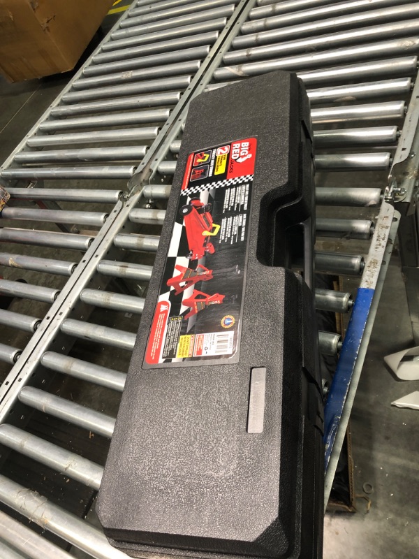 Photo 1 of BIG RED T82001S Torin Hydraulic Trolley Service/Floor Jack Combo with 2 Jack Stands and Blow Mold Carrying Storage Case, 2 Ton (4,000 lb) Capacity, Red
