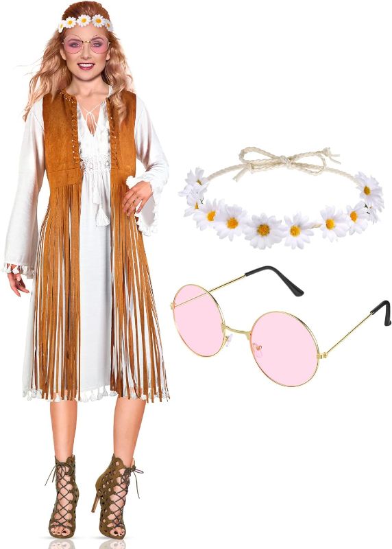 Photo 1 of 3 Pcs Halloween Hippie Costume Women Fringe Vest Tassel Cardigan Boho Lace Crochet Loose White Dress 60s 70s Hippie Outfits