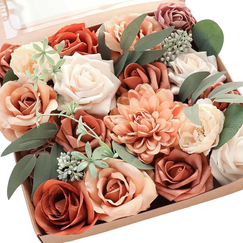 Photo 1 of  Floroom Terracotta Artificial Flowers Burnt Orange Fake Roses Peonies Dahlia Greenery Combo Box Set for DIY Wedding Bouquets Bridal Shower Centerpieces Floral Arrangements Party Tables Home Decoration
