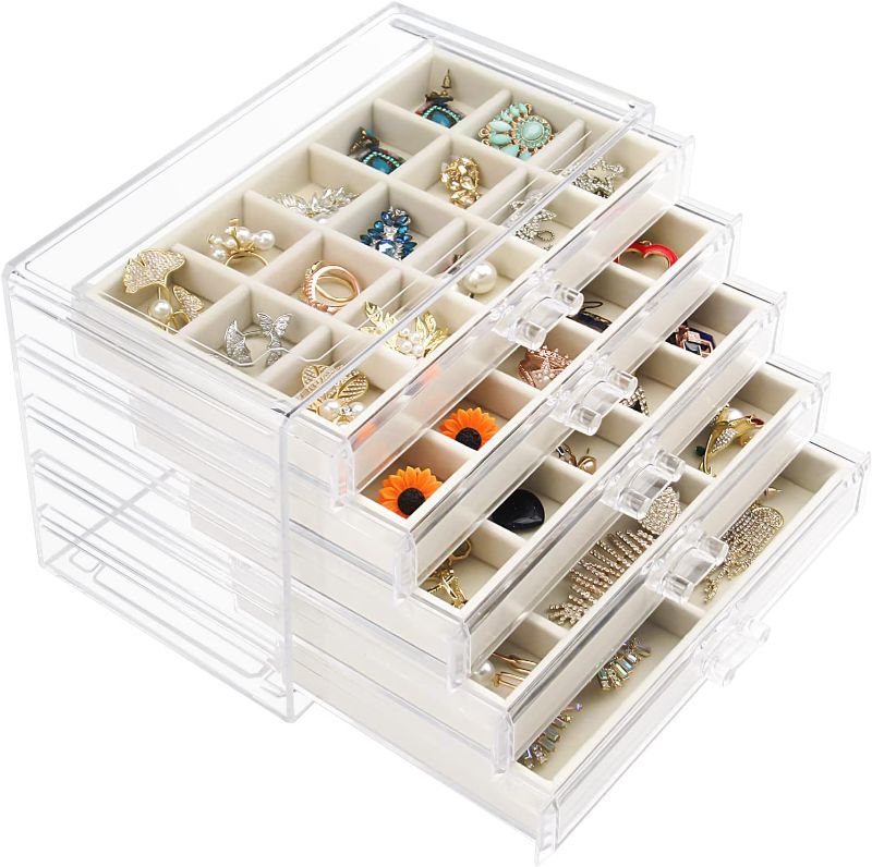 Photo 1 of Acrylic Jewelry Box with 5 Drawers, Clear Earring Storage Organizer Display Case for Women Girls, Beige