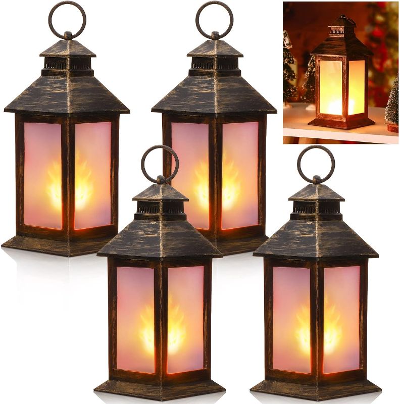 Photo 1 of Tondiamo 4 Pcs Christmas Vintage Tall Decorative Lanterns Retro Hanging Lantern with Flashing LED Pillar Candles Battery Operated Candles Waterproof Wedding Lanterns for Ramadan Indoor Party(Bronze) 