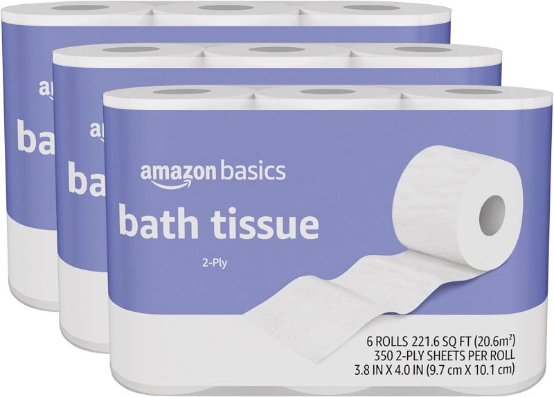 Photo 1 of Amazon Basics 2-Ply Toilet Paper, 18 Rolls (3 Packs of 6), Equivalent to 77 regular rolls