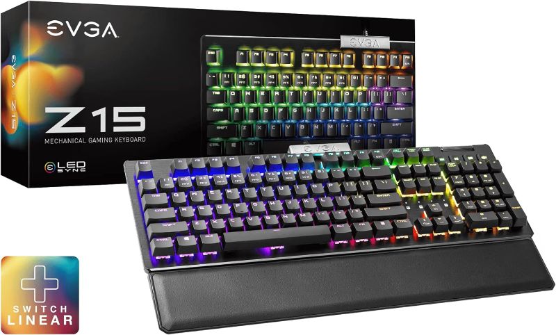 Photo 1 of EVGA Z15 RGB USB Gaming Keyboard, RGB Backlit LED, Hotswappable Mechanical Kailh Speed Silver Switches (Linear), 821-W1-15US-KR, Black