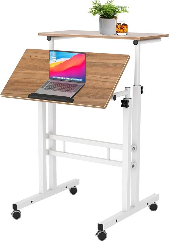 Photo 1 of sogesfurniture Mobile Standing Desk Laptop Workstation on Wheels, Adjustable Computer Desk for Standing or Sitting, Oak 101-OK