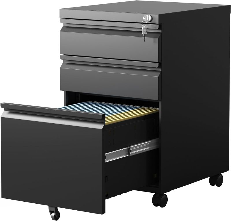 Photo 1 of 3 Drawer Mobile File Cabinet Under Desk Metal Filing Cabinet on Wheels Black Vertical File Cabinet with Lock Office Rolling Storage Cabinets for Legal/Letter/A4 File Fully Assembled