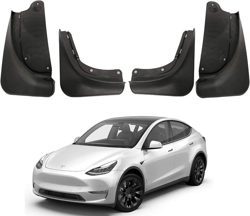 Photo 1 of BASENOR Tesla Model Y Mud Flaps Splash Guards 2020-2024 Winter Vehicle Sediment Protection No Need to Drill Holes Vehicle Tire Protector Mudflaps All Weather Tesla Exterior Accessories (Set of 4)
