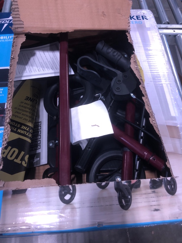 Photo 3 of ** UNKOWN IF PARTS ARE MISSING** Medline Rollator Walker with Seat, Steel Rolling Walker with 6-inch Wheels Supports up to 350 lbs, Medical Walker, Burgundy