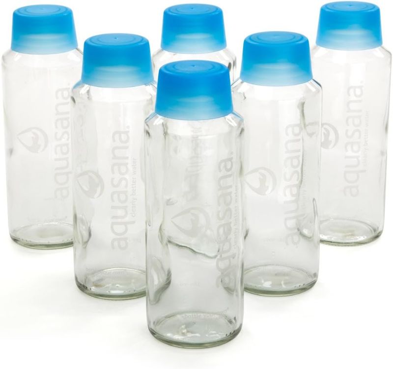 Photo 1 of Aquasana Glass Water Bottles and BPA Free Lid, 18-oz, 6-pack, White, blue