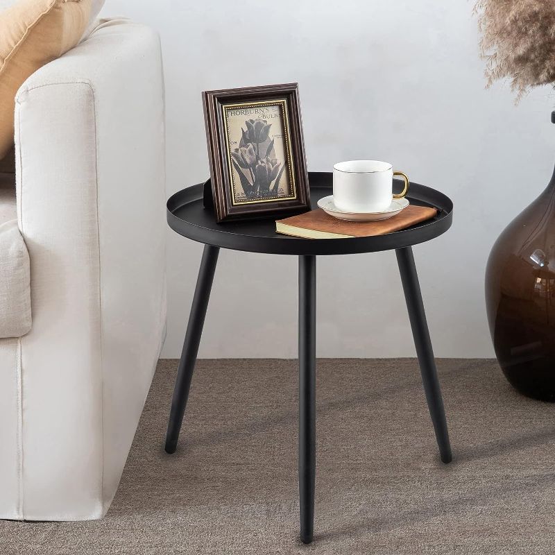 Photo 1 of AOJEZOR Accent Side / End Table, Waterproof Metal Structure, Great for Living Room, Bedroom, Indoor & Outdoor, Matte Black Tray Surface with 3 Legs, Ideal for Any Room
