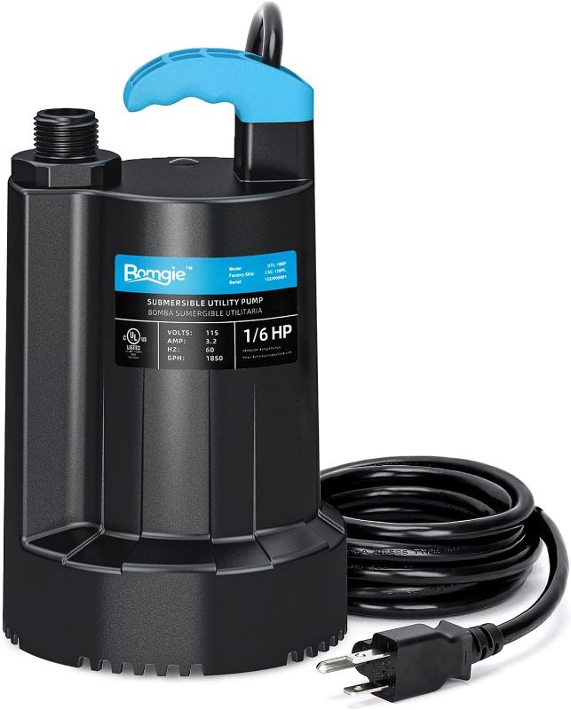 Photo 1 of BOMGIE 1/6 HP Submersible Water Pump, 1850GPH Thermoplastic Sump Pump Basement Portable Electric Utility Water Pump Removal for Pool Draining Hot Tubs Garden Pool Cover Pond
