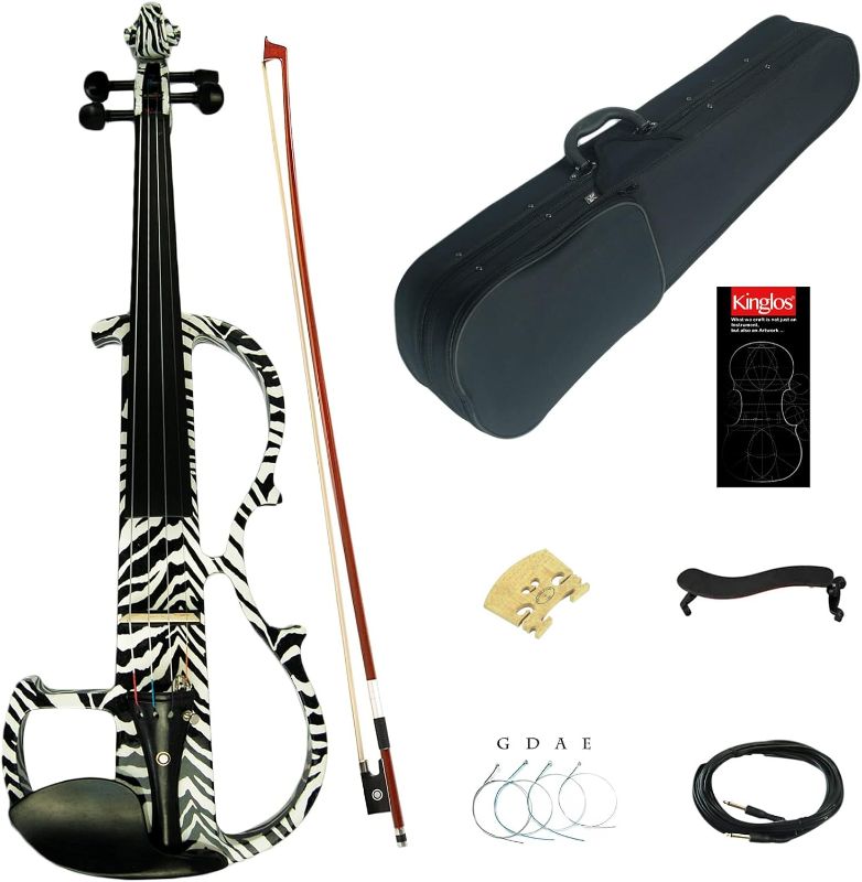 Photo 1 of Kinglos 4/4 Black White Zebra Colored Solid Wood Advanced Electric/Silent Violin Kit with Ebony Fittings Full Size (DSG1302)
