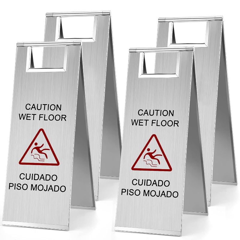 Photo 1 of 2 Pcs Stainless Steel Wet Floor Sign 8.8 Pound 24 Inch Caution Wet Floor Sign Double Sided Portable Foldable Handle Bilingual Safety Warning Signs for Restaurant Restroom Office Avoid Fall (Silver)