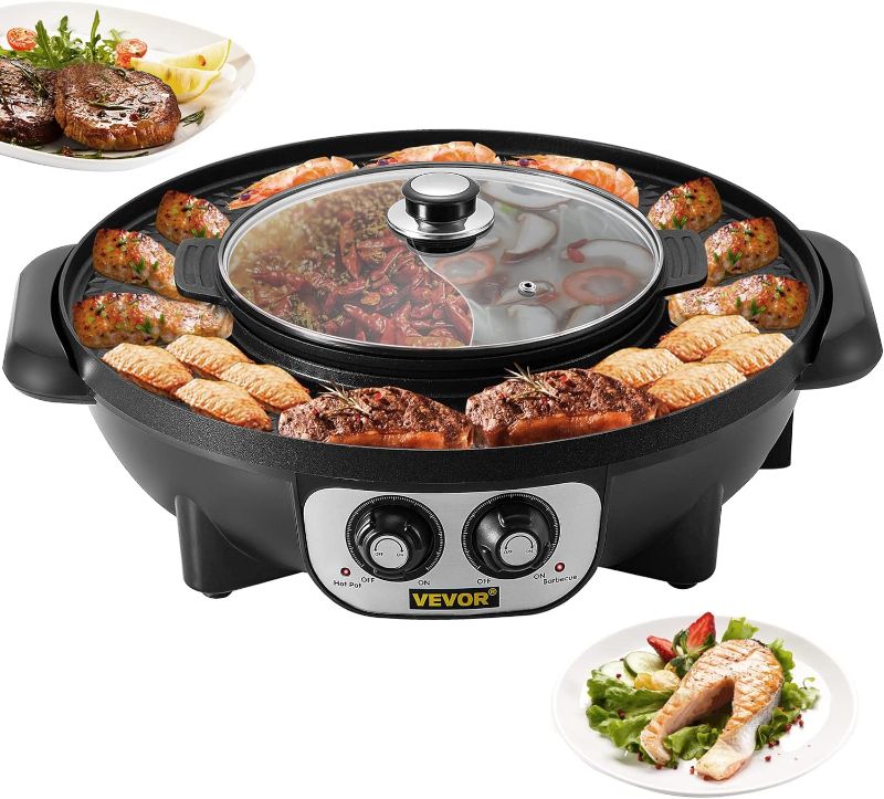 Photo 1 of 2 in 1 Electric Grill and Hot Pot, 2200W BBQ Pan Grill and Hot Pot, Multifunctional Teppanyaki Grill Pot with Dual Temp Control, Smokeless Hot Pot Grill with Nonstick Coating for 1-8 People