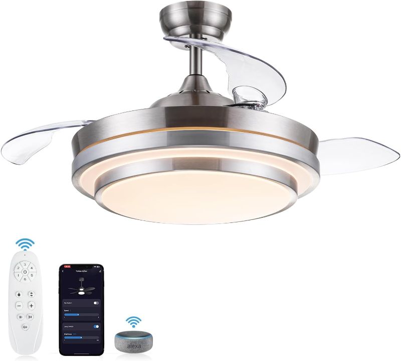 Photo 1 of ** FOR PARTS** Smart Retractable Ceiling Fan with Lights Remote Control, Dimmable 42 Inch Modern Fandelier Ceiling Fan Work with Alexa and Smart APP for Bedroom Living Room, 3 Color, 6 Speed, Brushed Nickel

