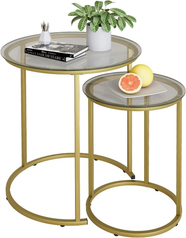 Photo 1 of 
Roll over image to zoom in








VIEW IN YOUR ROOM
Azheruol Nesting Coffee Table Set of 2,Modern Gold Tempered Glass Side Table, Metal Frame Round End Table.Small Glass Tea Table for Living Room,Bedroom Studio Apartment Essentials?23.2in