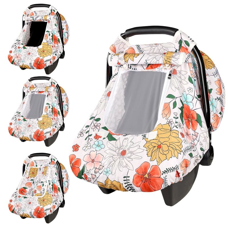 Photo 1 of Baby Carseat Cover Girls, Pea Pod Infant Car Seat Covers Canopy for Newborn with 2 Layers Windows of Breathable Mesh/Fabric, Lightweight Polyester/Minky Dot Backing, Snug Fit Most Baby Car Seat