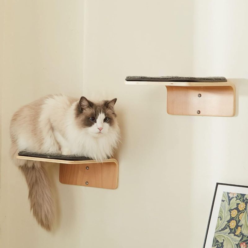 Photo 2 of 2 Set Cat Wall Steps - Wooden Cat Climbing Shelf for Wall - Cat Wall Stairs with Scratching Mat - Wall Mounted Cat Furniture for Jumping, Playing, and Lounging