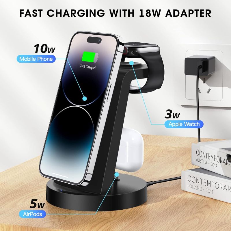 Photo 1 of 3 in 1 Charging Station for iPhone, Wireless Charger for iPhone 15 14 13 12 11 X Pro Max & Apple Watch - Charging Stand Dock for AirPods 3/2/1/Pro