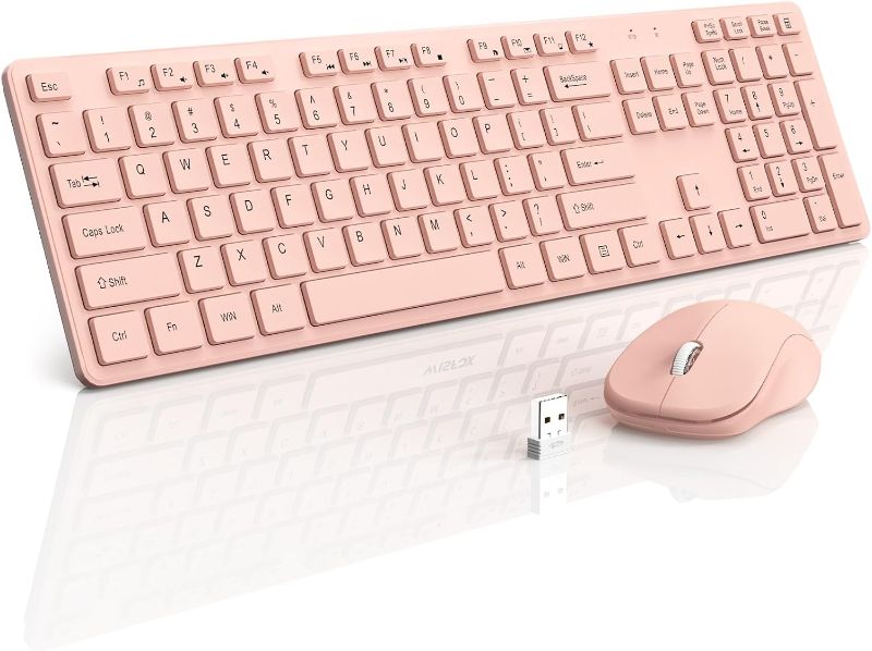 Photo 1 of Wireless Keyboard and Mouse, WisFox 2.4GHz Full-Size Silent with Numeric Keypad, Long Battery Life, Lag-Free, Slim USB Cordless Mouse Combo for PC Laptop Computer Windows (Pink)