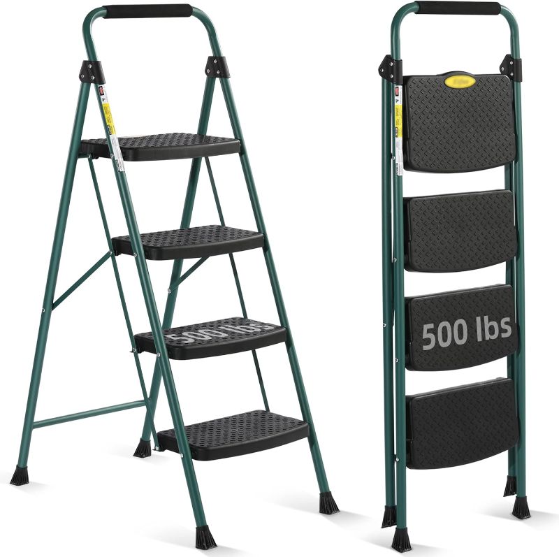 Photo 1 of 4 Step Ladder, Folding Step Stools for Adults with Non-Slip Wide Pedal, Rubber Feet, Lightweight, 500 lbs Sturdy Portable Steel Ladders for Kitchen, Household, Storage Room