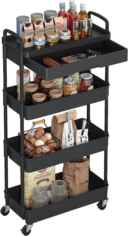 Photo 1 of 4-Tier Rolling Cart?Trolley with Drawer, Kitchen Storage Organizer with Plastic Shelf & Metal Wheels, Storage Cart for Living Room, Kitchen, Office, Bathroom, Black